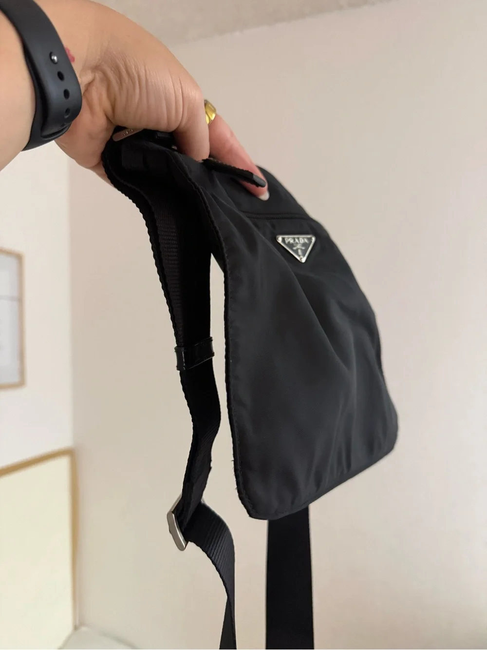 Prada Black Nylon Messenger Bag with Silver Logo Plaque